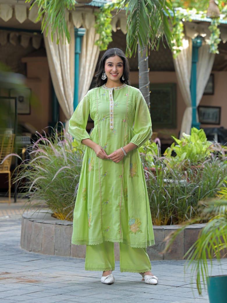 Embroidered Light Green A-Line Kurta Set with Palazzo Pants