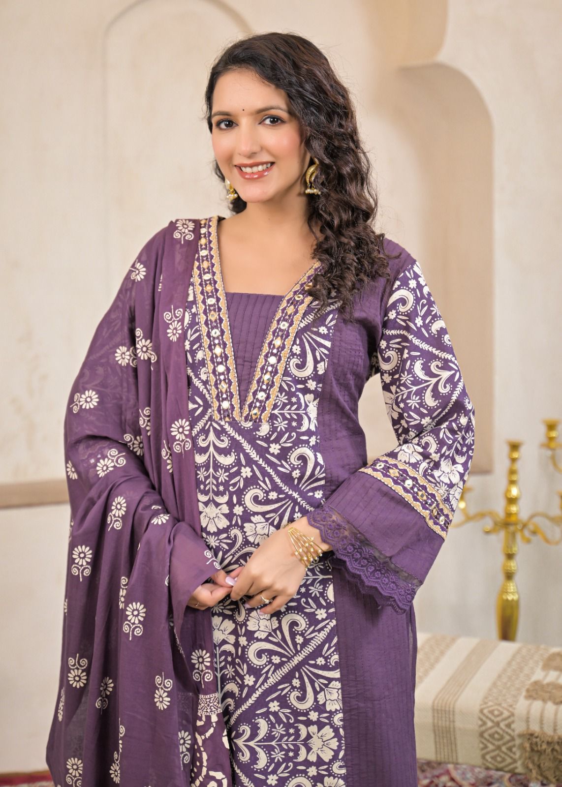 Woman Straight 3 Piece Set of Suit with Neck & Sleeve Embroidery