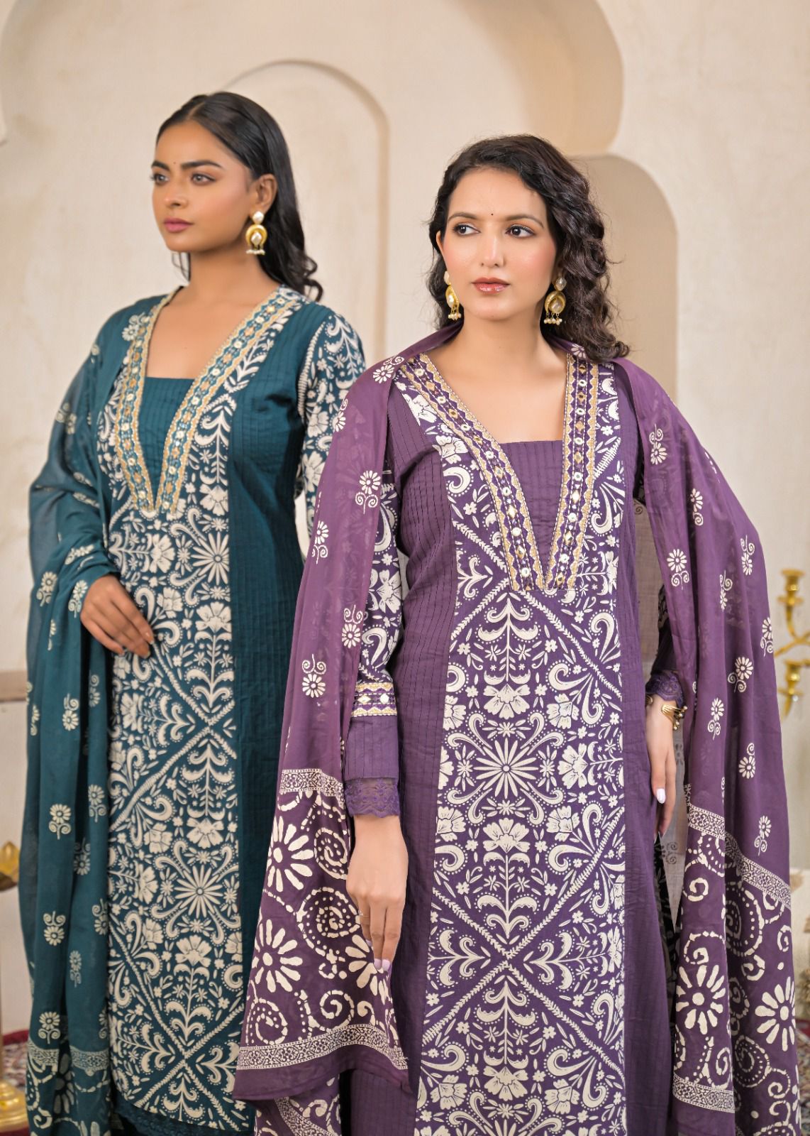 Woman Straight 3 Piece Set of Suit with Neck & Sleeve Embroidery