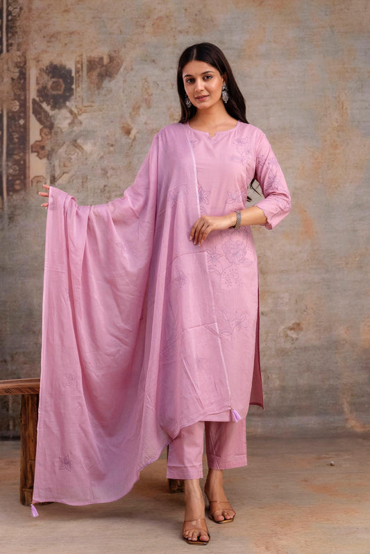 Luxury Cotton Flax 3-Piece Embroidered Ensemble