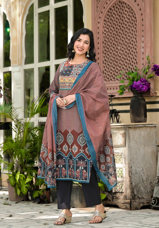 Women’s Printed Cotton Kurta Set with Embroidered Neck & Dupatta – Ethnic Festive Wear