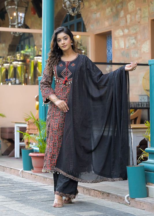 Block Print Cotton Kurta Pant Set with Dupatta
