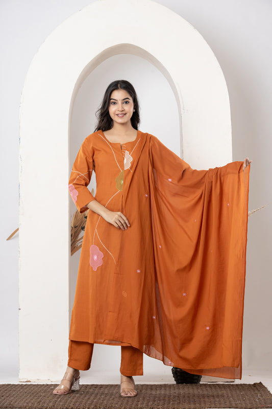 Stylish slab cotton full embroidery work Kurta set for Women with Dupatta