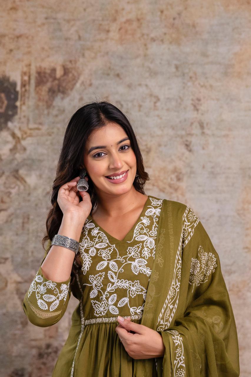 Premium Anarkali-inspired 3 pcs Cotton 60-60 Kurta, Pant & Dupatta Set with Intricate Neck Embroidery