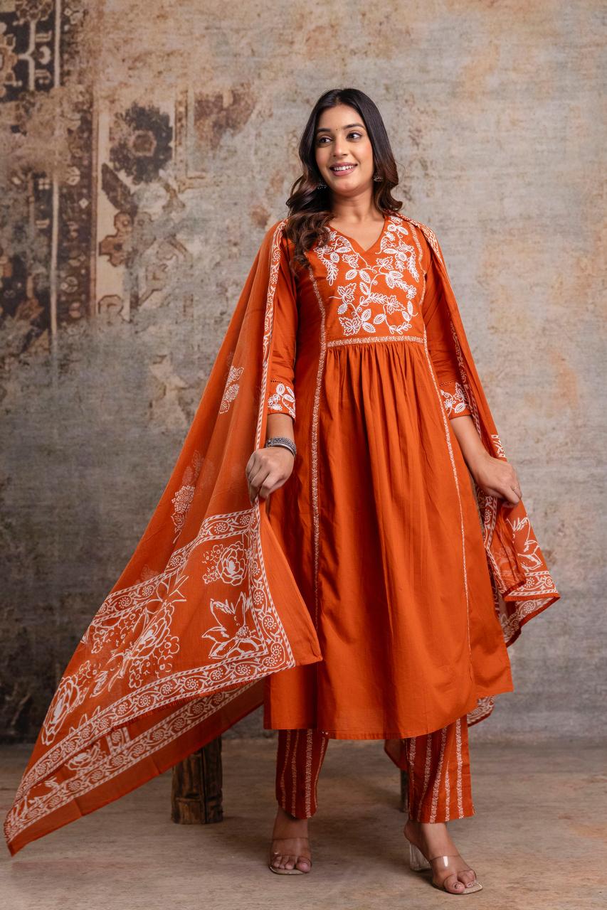 Premium Anarkali-inspired 3 pcs Cotton 60-60 Kurta, Pant & Dupatta Set with Intricate Neck Embroidery