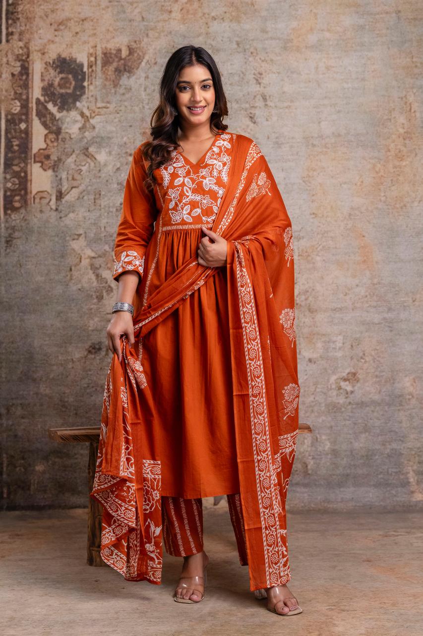 Premium Anarkali-inspired 3 pcs Cotton 60-60 Kurta, Pant & Dupatta Set with Intricate Neck Embroidery