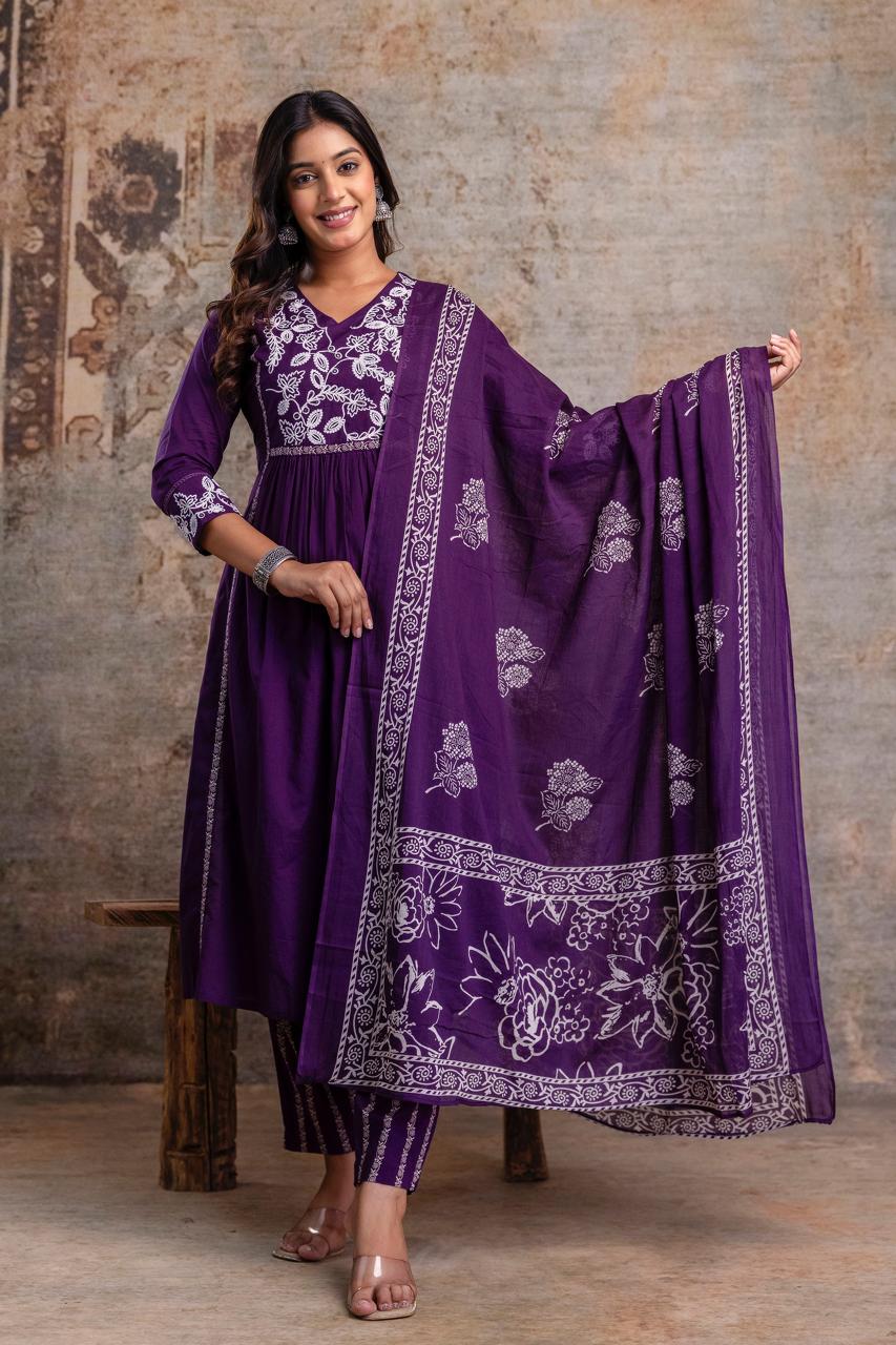 Premium Anarkali-inspired 3 pcs Cotton 60-60 Kurta, Pant & Dupatta Set with Intricate Neck Embroidery