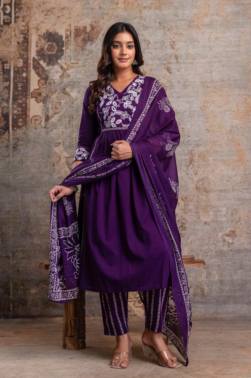 Premium Anarkali-inspired 3 pcs Cotton 60-60 Kurta, Pant & Dupatta Set with Intricate Neck Embroidery