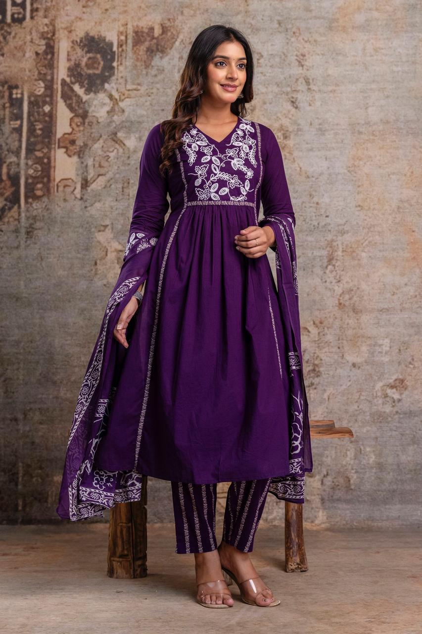 Premium Anarkali-inspired 3 pcs Cotton 60-60 Kurta, Pant & Dupatta Set with Intricate Neck Embroidery