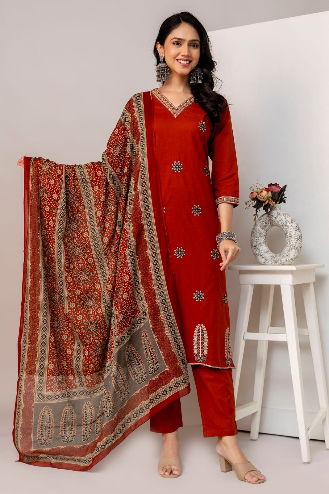 Elegant Cotton Embroidered work 3-Piece Suit Set with Pocket (Size 38–46)