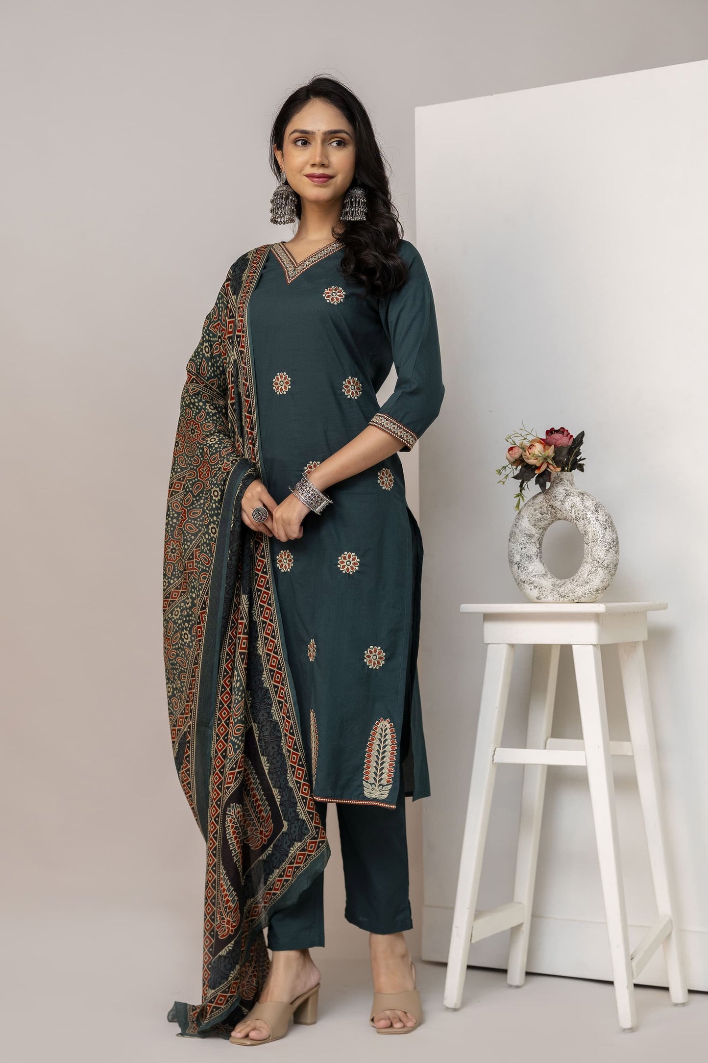 Elegant Cotton Embroidered work 3-Piece Suit Set with Pocket (Size 38–46)