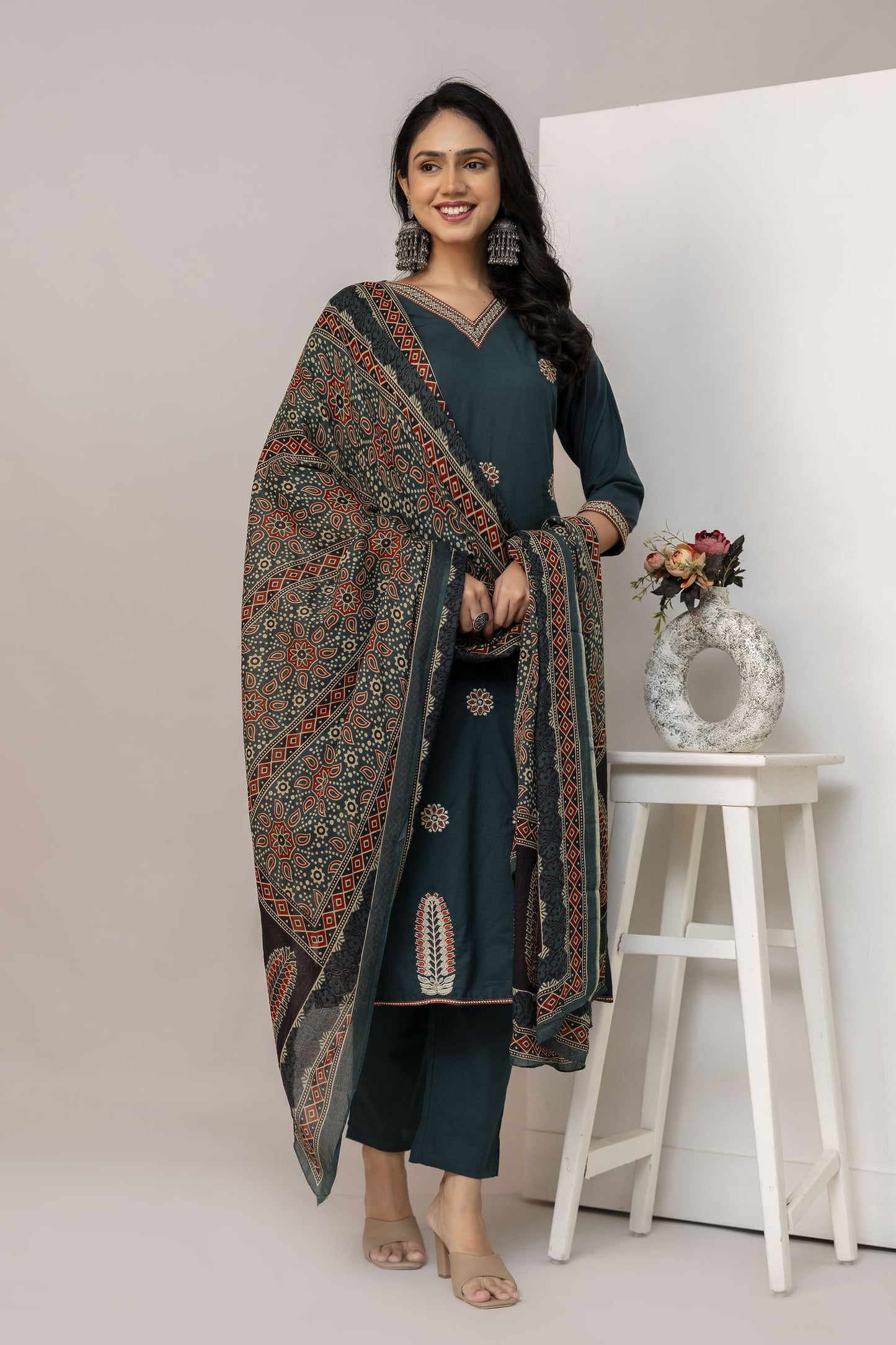 Elegant Cotton Embroidered work 3-Piece Suit Set with Pocket (Size 38–46)