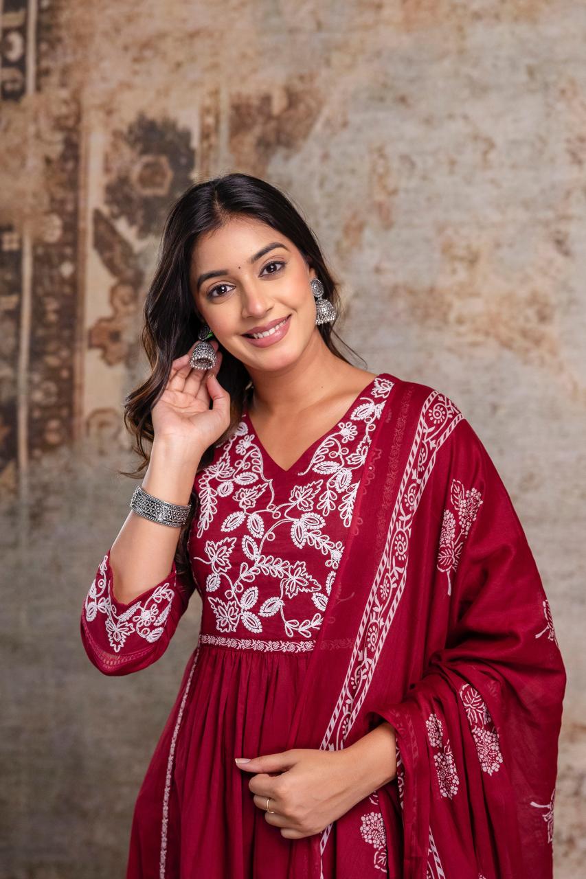 Premium Anarkali-inspired 3 pcs Cotton 60-60 Kurta, Pant & Dupatta Set with Intricate Neck Embroidery