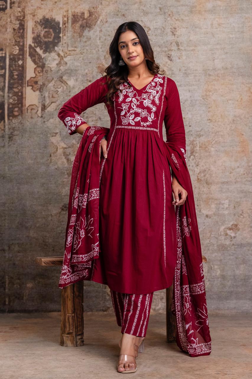 Premium Anarkali-inspired 3 pcs Cotton 60-60 Kurta, Pant & Dupatta Set with Intricate Neck Embroidery