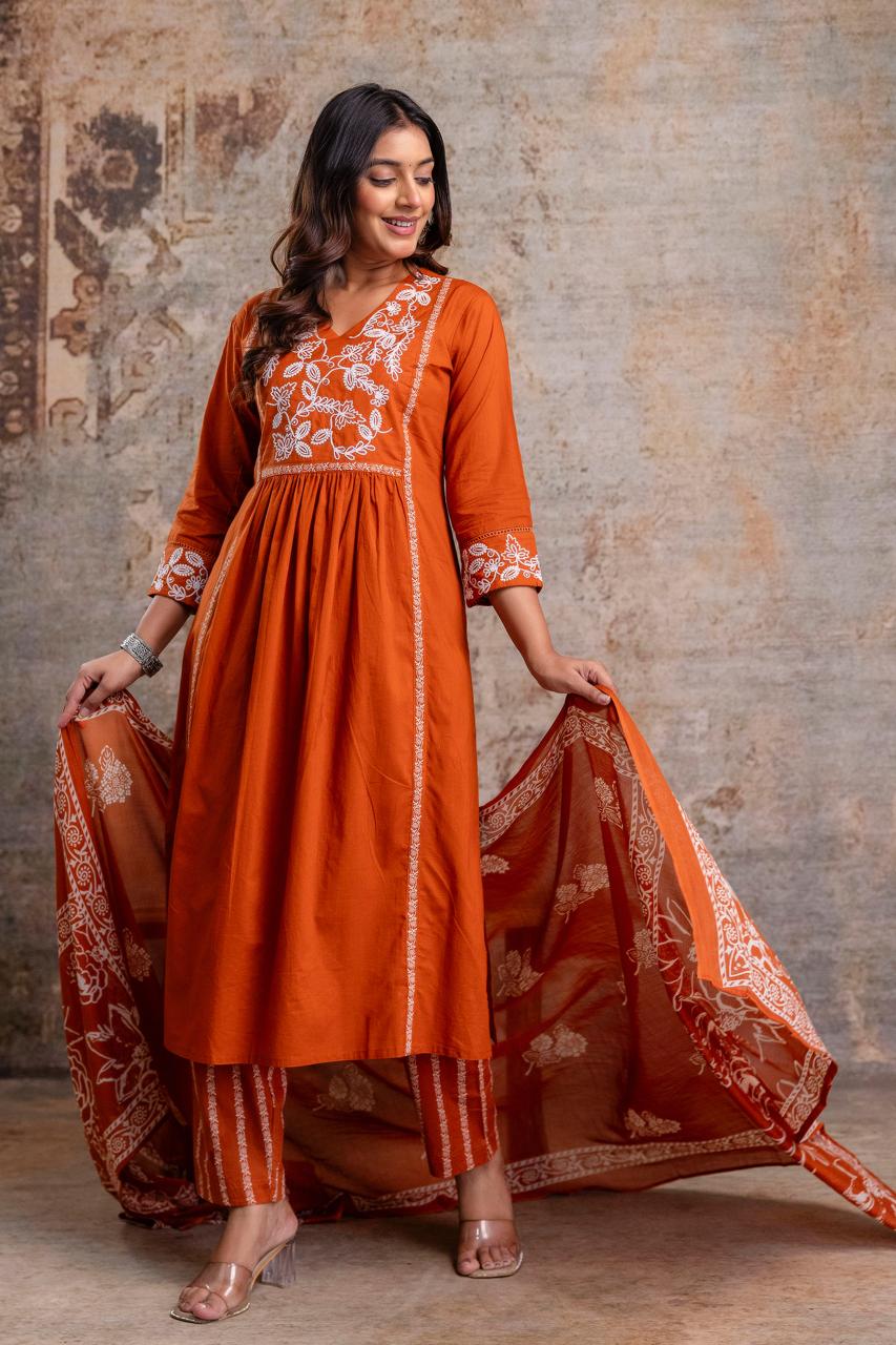 Premium Anarkali-inspired 3 pcs Cotton 60-60 Kurta, Pant & Dupatta Set with Intricate Neck Embroidery