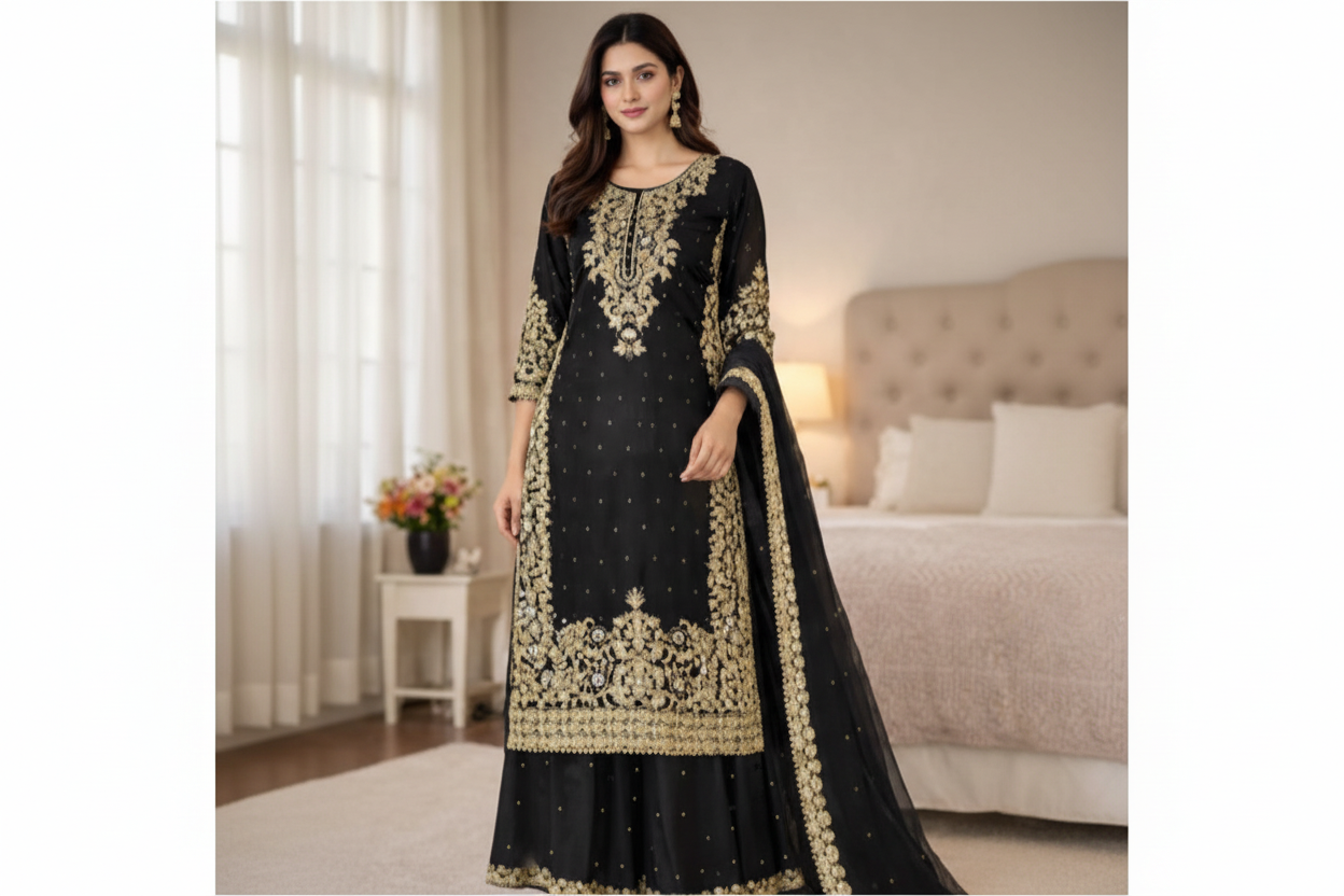 Premium GMY Silk Heavy Embroidered Kurta Palazzo Set with Dupatta (Fully Stitched)-X