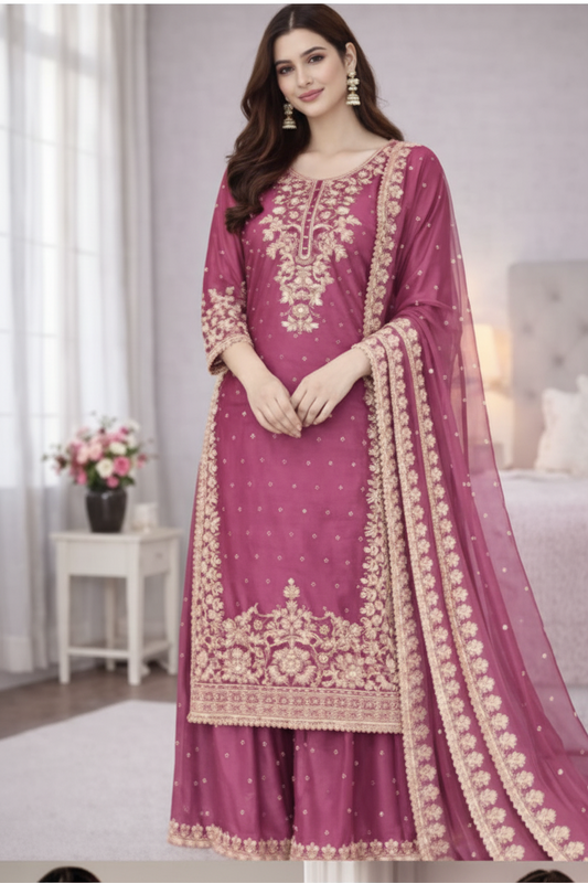 Premium GMY Silk Heavy Embroidered Kurta Palazzo Set with Dupatta (Fully Stitched)-II