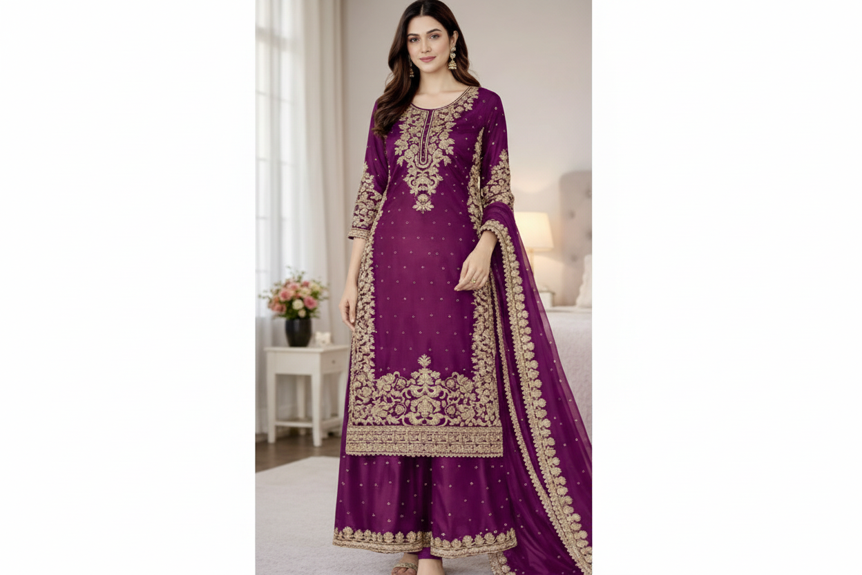Premium GMY Silk Heavy Embroidered Kurta Palazzo Set with Dupatta (Fully Stitched)-V