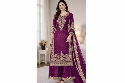 Premium GMY Silk Heavy Embroidered Kurta Palazzo Set with Dupatta (Fully Stitched)-V