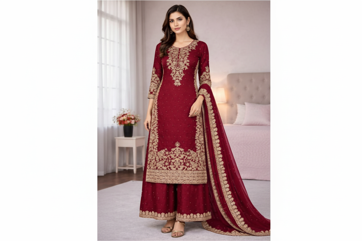 Premium GMY Silk Heavy Embroidered Kurta Palazzo Set with Dupatta (Fully Stitched)-VI