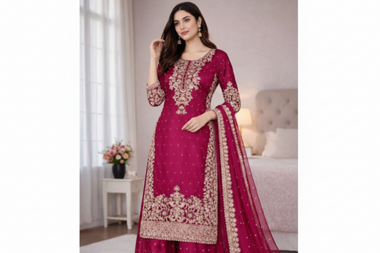 Premium GMY Silk Heavy Embroidered Kurta Palazzo Set with Dupatta (Fully Stitched)-VIII