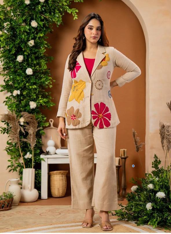 Floral Applique  Embroidery Cotton Flex Linen Co-Ord Set for Women