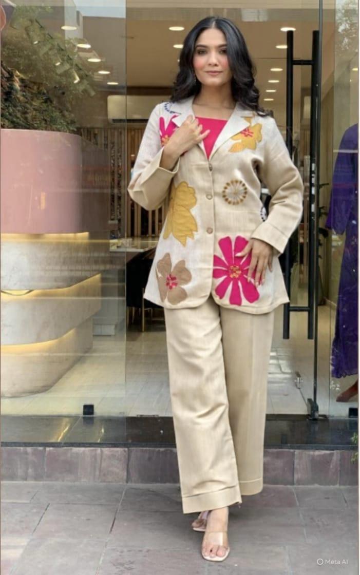 Floral Applique  Embroidery Cotton Flex Linen Co-Ord Set for Women