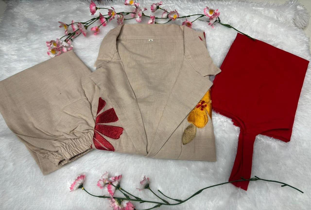 Floral Applique  Embroidery Cotton Flex Linen Co-Ord Set for Women