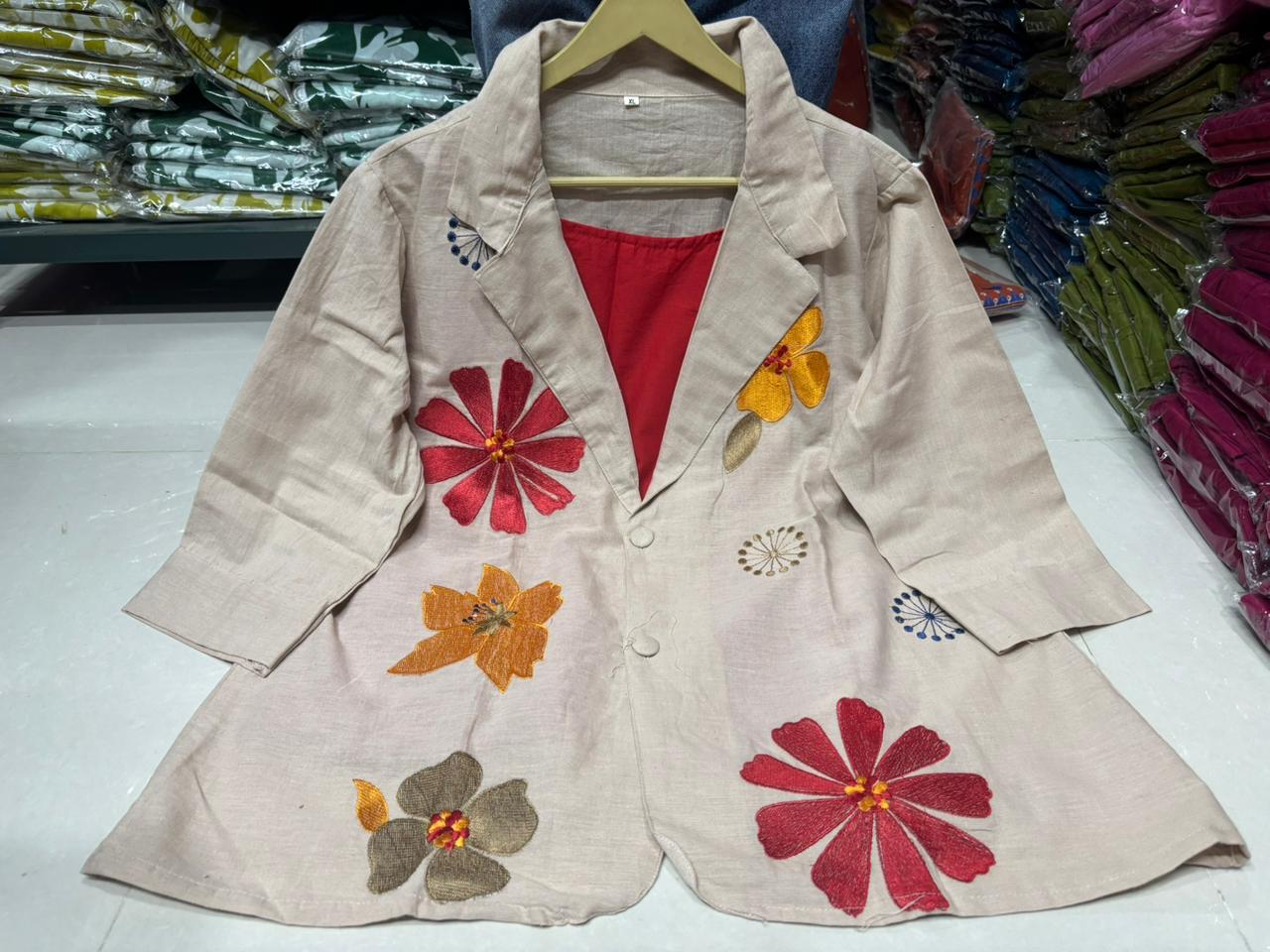 Floral Applique  Embroidery Cotton Flex Linen Co-Ord Set for Women