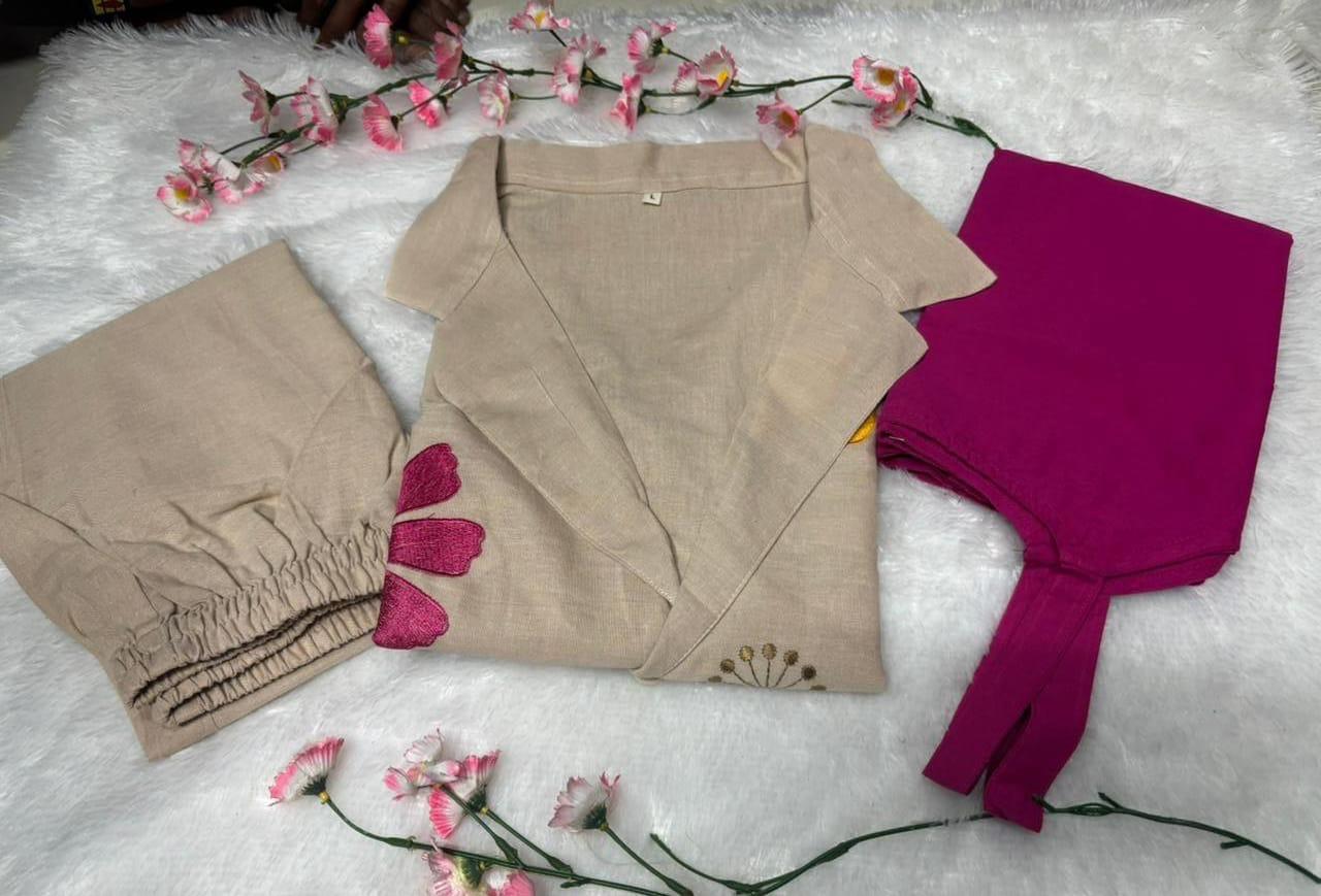 Floral Applique  Embroidery Cotton Flex Linen Co-Ord Set for Women