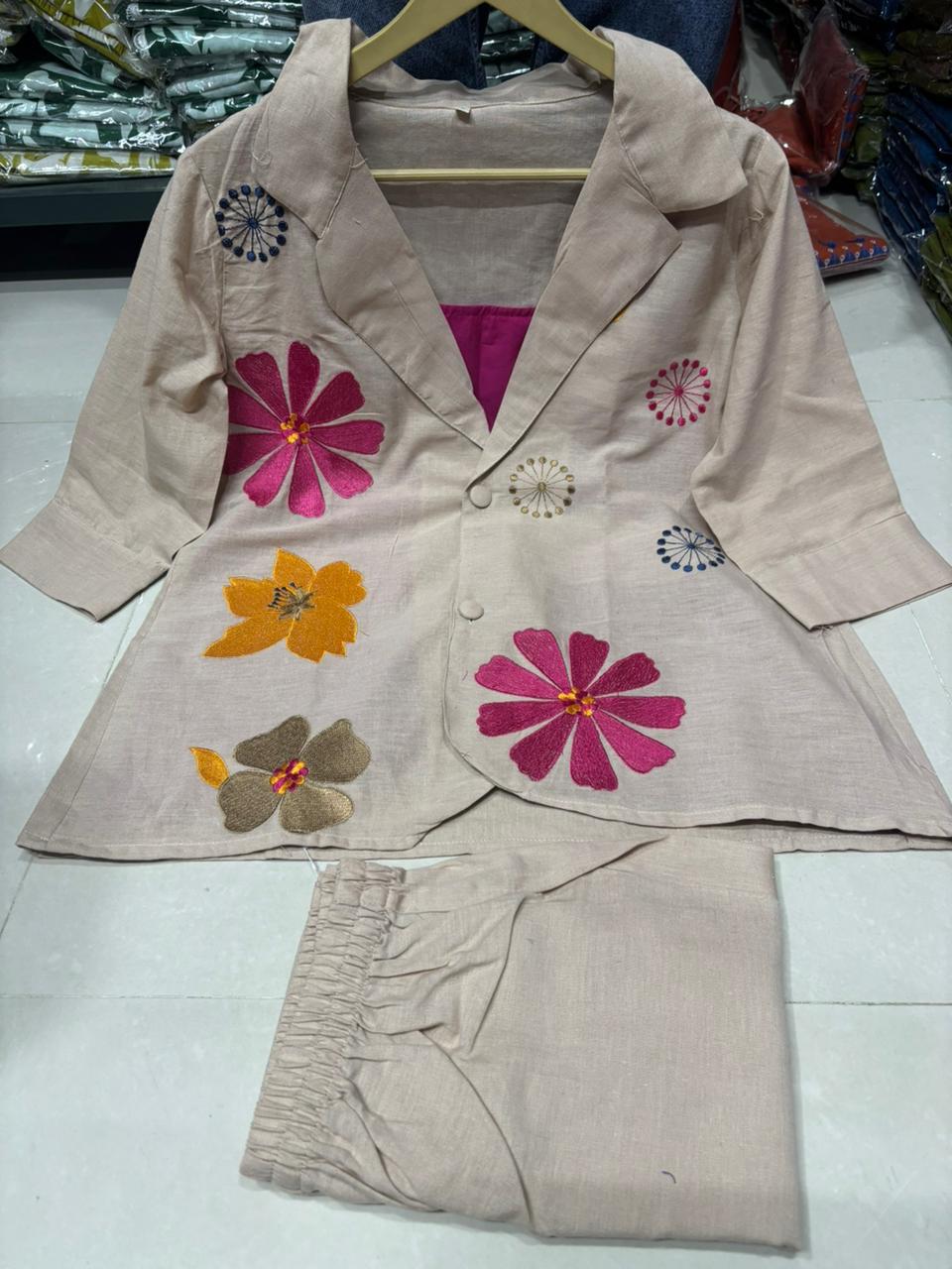 Floral Applique  Embroidery Cotton Flex Linen Co-Ord Set for Women