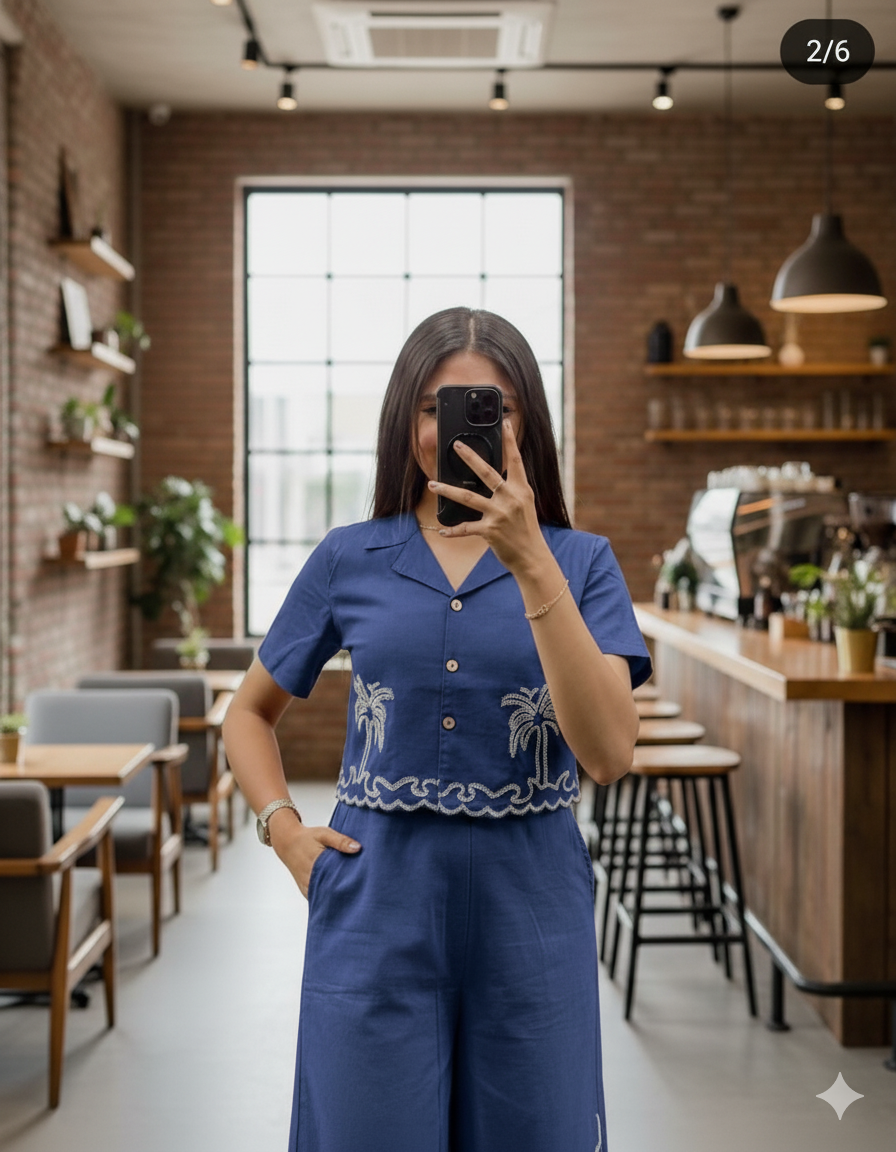 Palm Tree Fully  Embroidered Work - (aari work) Cotton Flex Co-Ord Set