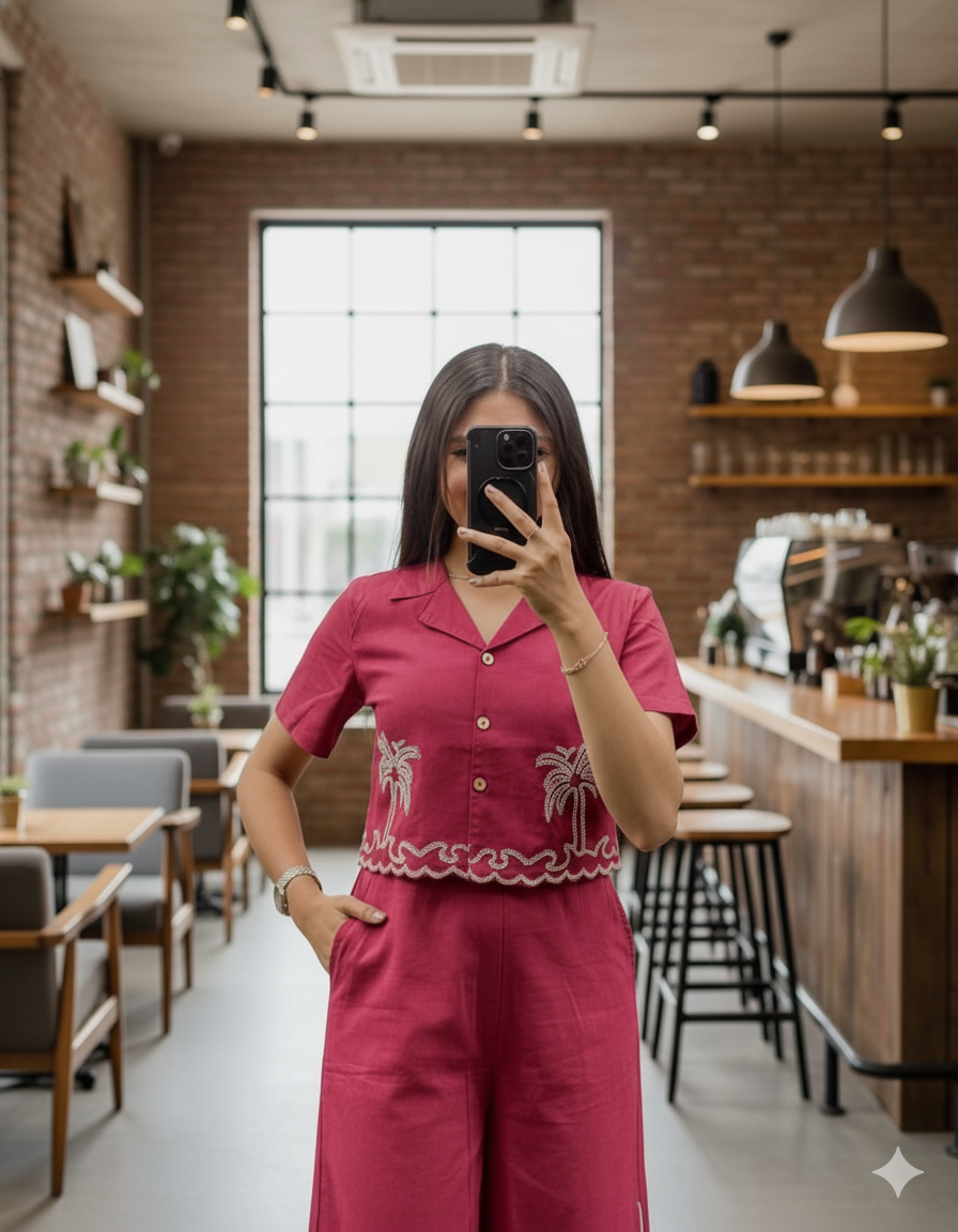 Palm Tree Fully  Embroidered Work - (aari work) Cotton Flex Co-Ord Set