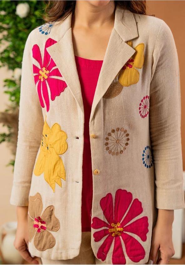 Floral Applique  Embroidery Cotton Flex Linen Co-Ord Set for Women