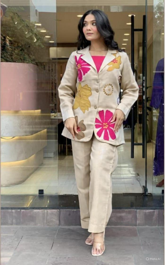 Floral Applique  Embroidery Cotton Flex Linen Co-Ord Set for Women