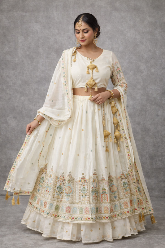 Pure Chinon Silk Sequins & Embroidery Chaniya Choli Set with Cutwork Lehenga F