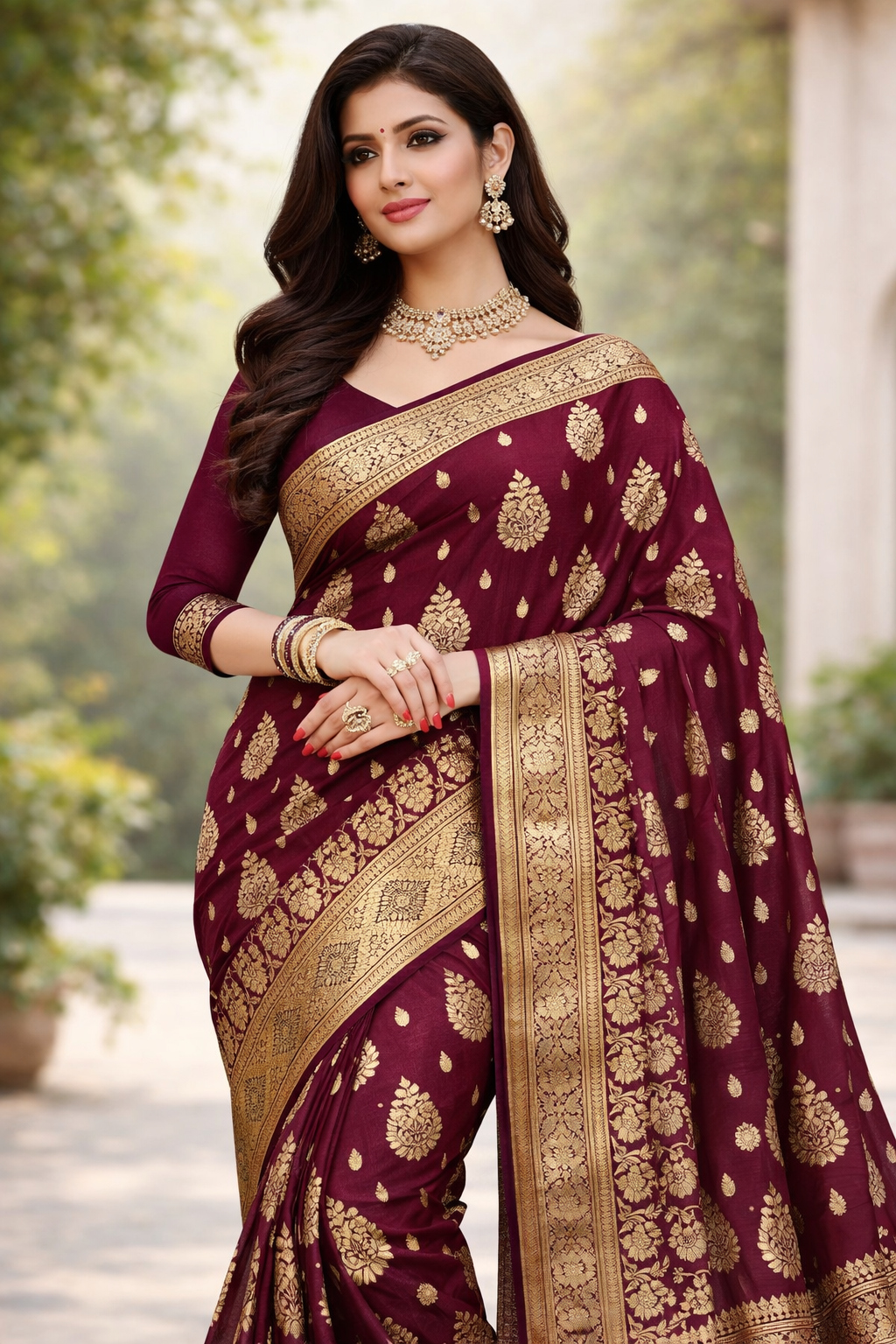 Jacquard Saree With Blouse For Women (Purple, 6.3M)