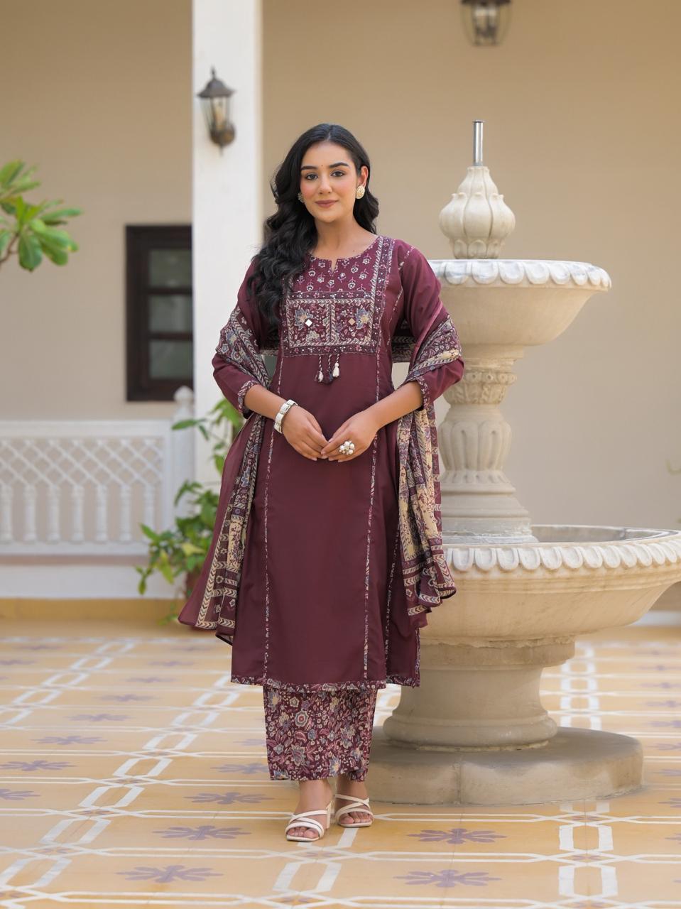 Women's Full fancy Traditional 3 Piece Set – Embroidered Kurta with Mirror Work & Dupatta