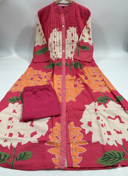 Premium Printed A-Line Kurti & Pant Set – Contemporary Floral Fusion Design