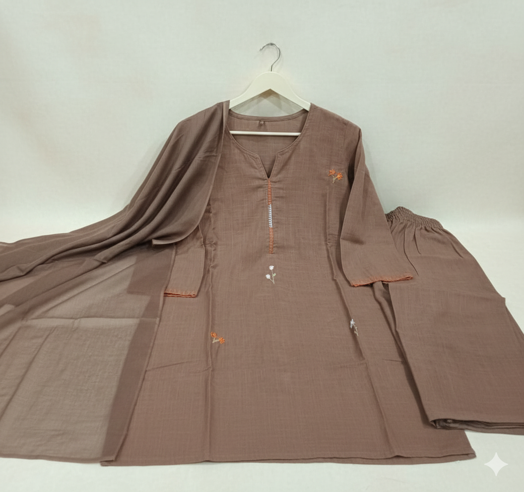 Rust Elegance Cotton Slub Straight Suit Set with Full Embroidery Work 3-Piece Premium Set
