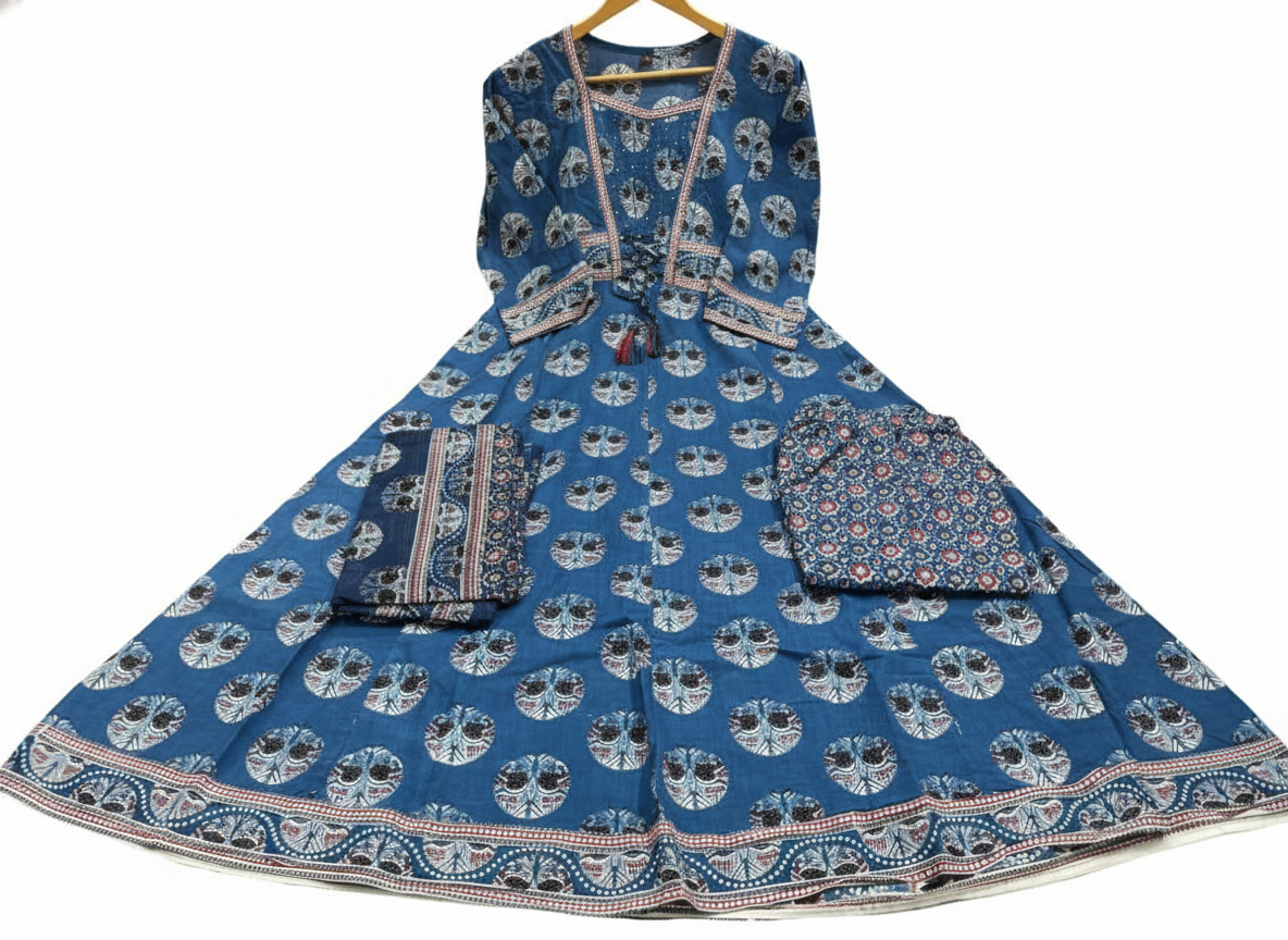 Angrakha Style Printed Cotton Anarkali Suit Set with Katha Embroidery & Crosia Lace 3-Piece Set