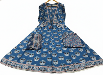 Angrakha Style Printed Cotton Anarkali Suit Set with Katha Embroidery & Crosia Lace 3-Piece Set