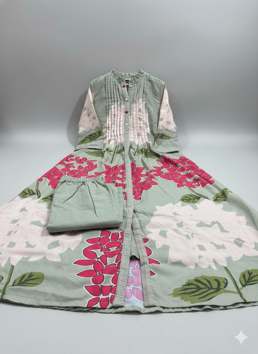 Premium Printed A-Line Kurti & Pant Set – Contemporary Floral Fusion Design