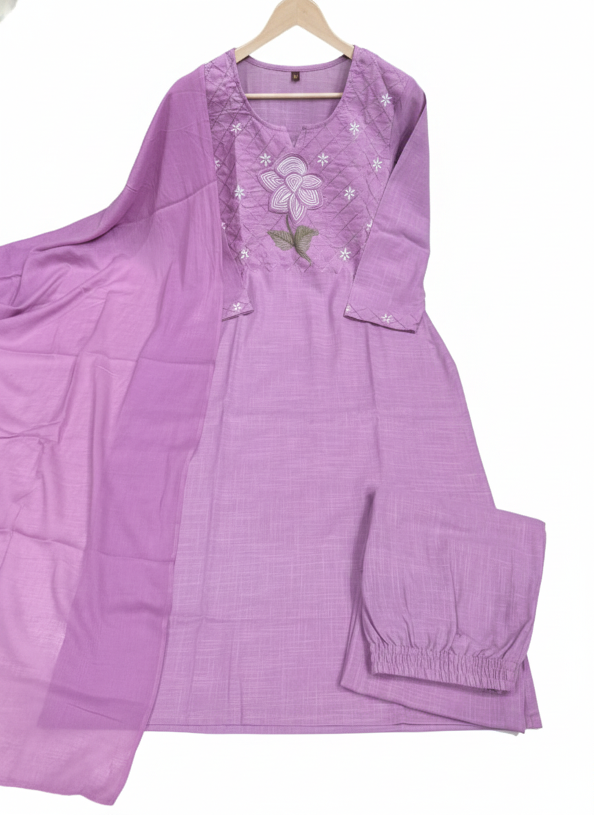 Premium Heavy Cotton Fully Stitched Embroidered Suit Set with 100-100 Cotton Dupatta 3-Piece Set