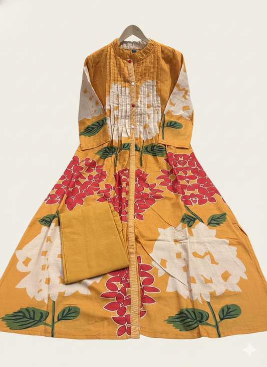 Premium Printed A-Line Kurti & Pant Set – Contemporary Floral Fusion Design