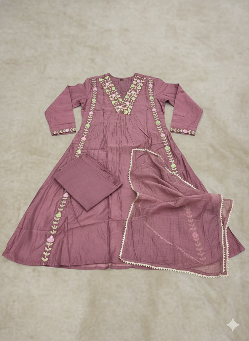 Lizza Premium Mul Chanderi Anarkali Suit Set with Full Embroidery Work (3-Piece)