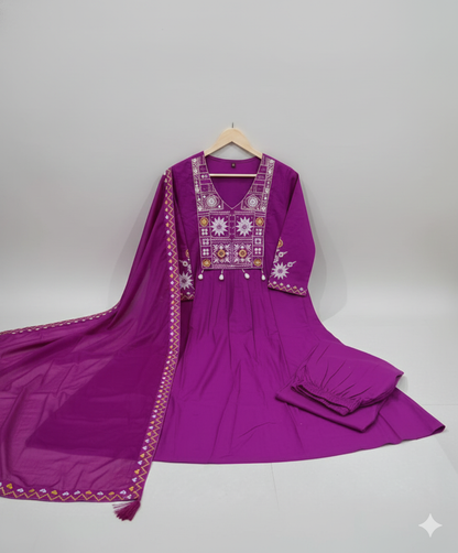 Pure Cotton Embroidered Kurta–Pant–Dupatta Set with Kodi & Moti Latkan Fully Stitched Designer Collection