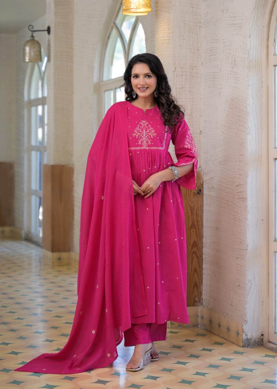 Fuchsia Cotton 60-60 A-Line Anarkali Kurta Set with Fancy Yoke Embroidery & Dupatta