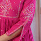 Fuchsia Cotton 60-60 A-Line Anarkali Kurta Set with Fancy Yoke Embroidery & Dupatta