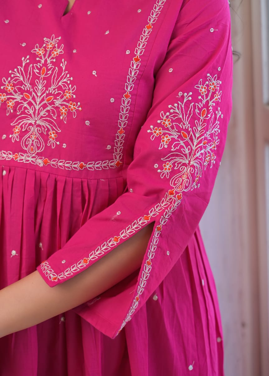 Fuchsia Cotton 60-60 A-Line Anarkali Kurta Set with Fancy Yoke Embroidery & Dupatta